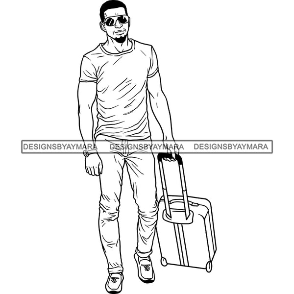 Handsome Sexy Afro Man Sunglasses Spinner Wheel Luggage Short Hairstyle B/W SVG JPG PNG Vector Clipart Cricut Silhouette Cut Cutting