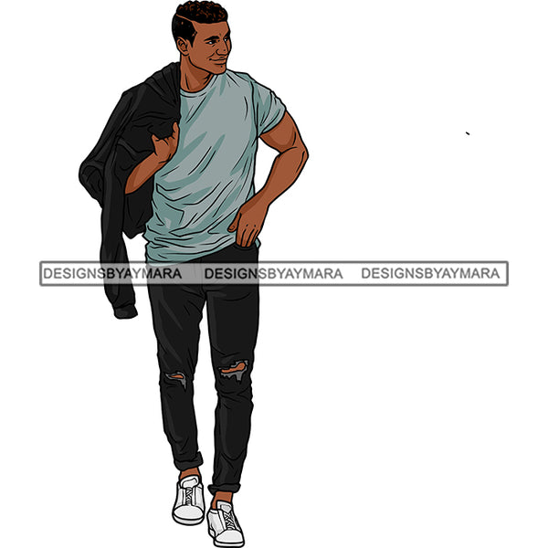 Handsome Sexy Afro Man Smiling Carrying Jacket Over Shoulder Illustration SVG JPG PNG Vector Clipart Cricut Silhouette Cut Cutting