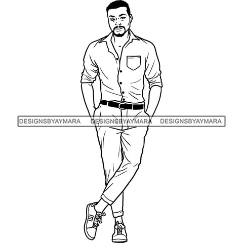 Handsome Afro Man Standing Beard Sneakers Shirt Pants Casual Fashion Style B/W SVG JPG PNG Vector Clipart Cricut Silhouette Cut Cutting