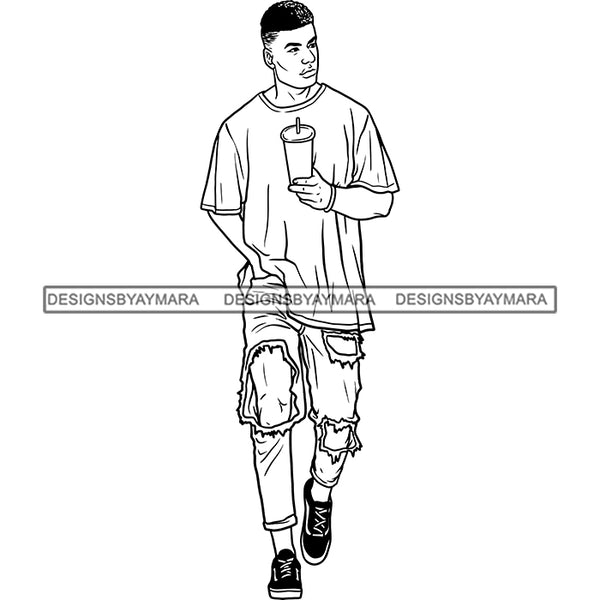 Handsome Sexy Afro Man Holding Coffee Cup Ripped Jeans Big Holes Fashion Style B/W SVG JPG PNG Vector Clipart Cricut Silhouette Cut Cutting