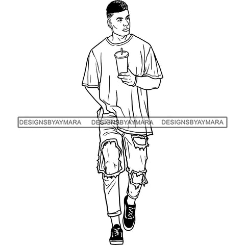 Handsome Sexy Afro Man Holding Coffee Cup Ripped Jeans Big Holes Fashion Style B/W SVG JPG PNG Vector Clipart Cricut Silhouette Cut Cutting