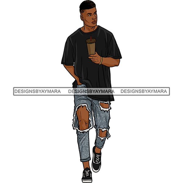 Handsome Sexy Afro Man Holding Coffee Cup Ripped Jeans Big Holes Fashion Style SVG JPG PNG Vector Clipart Cricut Silhouette Cut Cutting