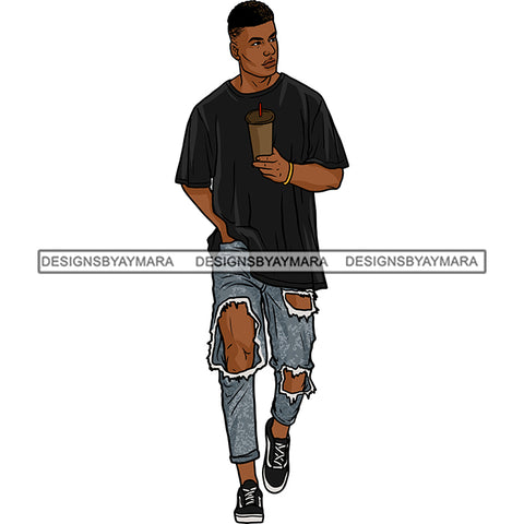 Handsome Sexy Afro Man Holding Coffee Cup Ripped Jeans Big Holes Fashion Style SVG JPG PNG Vector Clipart Cricut Silhouette Cut Cutting