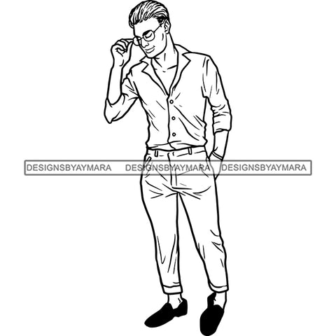 Handsome Sexy Afro Man Glasses Long Sleeve Shirt Trendy Fashion Style B/W SVG JPG PNG Vector Clipart Cricut Silhouette Cut Cutting