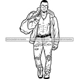 Handsome Sexy Afro Man Sunglasses Gym Bag Open Jacket Fashion Style B/W SVG JPG PNG Vector Clipart Cricut Silhouette Cut Cutting