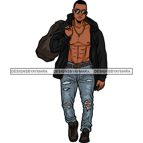 Handsome Sexy Afro Man Sunglasses Gym Bag Open Jacket Fashion Style SVG JPG PNG Vector Clipart Cricut Silhouette Cut Cutting