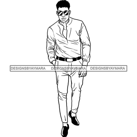 Handsome Sexy Afro Man Classy Sunglasses Long Sleeve Shirt Fashion Style B/W SVG JPG PNG Vector Clipart Cricut Silhouette Cut Cutting