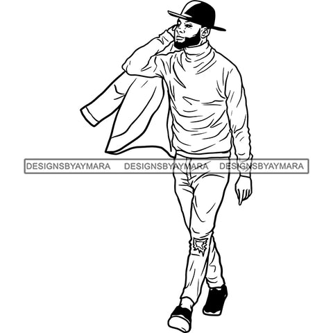 Handsome Sexy Afro Man Vintage Hat Carrying Jacket Over Shoulder Fashion Style B/W SVG JPG PNG Vector Clipart Cricut Silhouette Cut Cutting