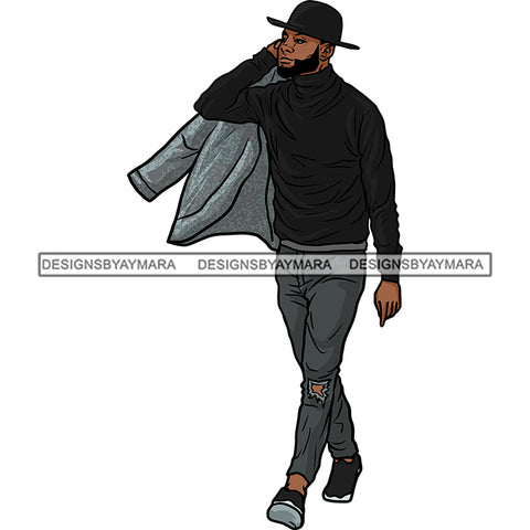 Handsome Sexy Afro Man Vintage Hat Carrying Jacket Over Shoulder Fashion Style SVG JPG PNG Vector Clipart Cricut Silhouette Cut Cutting