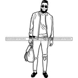 Handsome Sexy Afro Man Sunglasses Carry On Luggage Jacket Fashion Style B/W SVG JPG PNG Vector Clipart Cricut Silhouette Cut Cutting