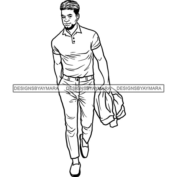 Handsome Sexy Afro Man Classy Carrying Jacket Fashion Style B/W SVG JPG PNG Vector Clipart Cricut Silhouette Cut Cutting