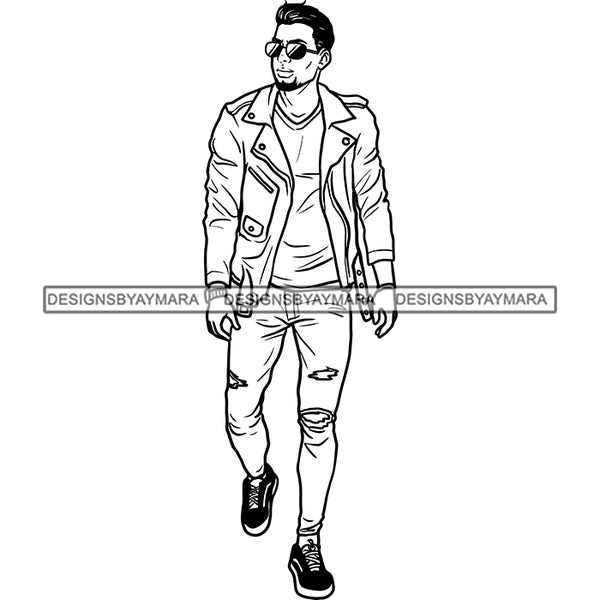 Handsome Afro Man Standing Sunglasses Sneakers Jacket Casual Fashion Style B/W SVG JPG PNG Vector Clipart Cricut Silhouette Cut Cutting