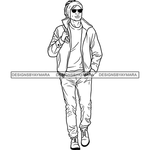 Handsome Sexy Afro Man Headband Jacket Jeans Fashion Style B/W SVG JPG PNG Vector Clipart Cricut Silhouette Cut Cutting