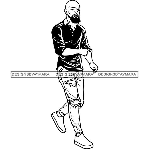 Handsome Sexy Afro Man Bald Bearded Jeans Holes Fashion Style B/W SVG JPG PNG Vector Clipart Cricut Silhouette Cut Cutting