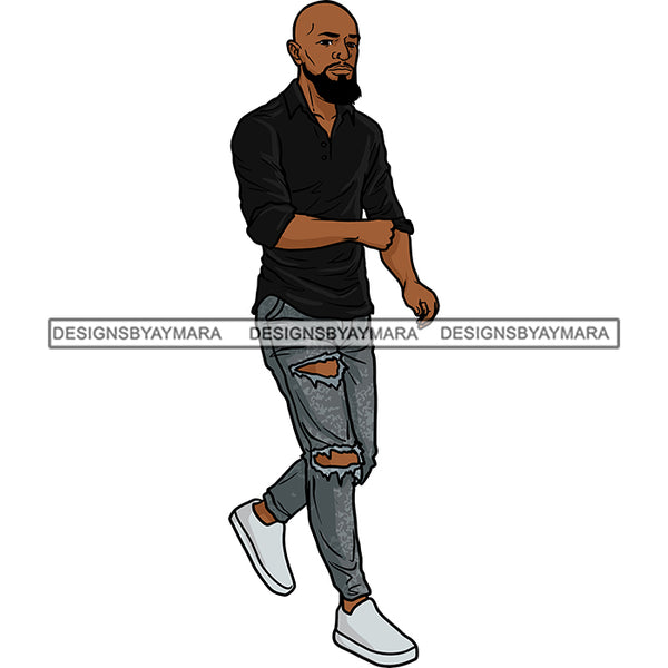 Handsome Sexy Afro Man Bald Bearded Jeans Holes Fashion Style SVG JPG PNG Vector Clipart Cricut Silhouette Cut Cutting