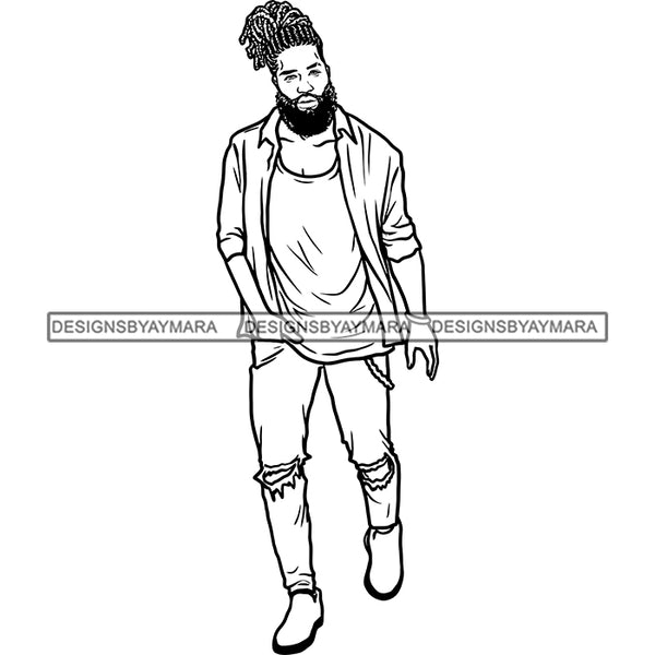 Handsome Sexy Afro Man Updo Dreadlocks Hairstyle Jeans Holes Fashion Style B/W SVG JPG PNG Vector Clipart Cricut Silhouette Cut Cutting