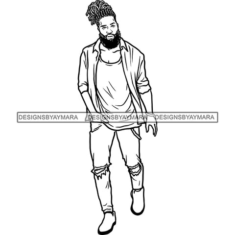 Handsome Sexy Afro Man Updo Dreadlocks Hairstyle Jeans Holes Fashion Style B/W SVG JPG PNG Vector Clipart Cricut Silhouette Cut Cutting