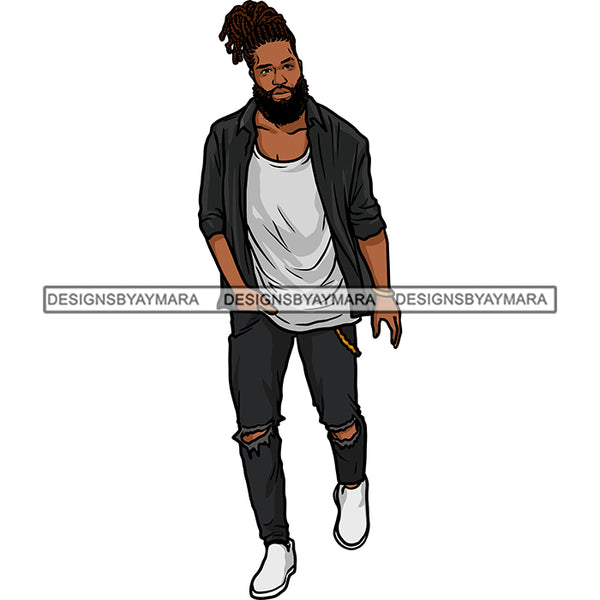 Handsome Sexy Afro Man Updo Dreadlocks Hairstyle Jeans Holes Fashion Style SVG JPG PNG Vector Clipart Cricut Silhouette Cut Cutting