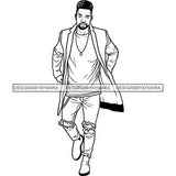 Handsome Sexy Afro Man Necklace Coat Jeans Holes Fashion Style B/W SVG JPG PNG Vector Clipart Cricut Silhouette Cut Cutting