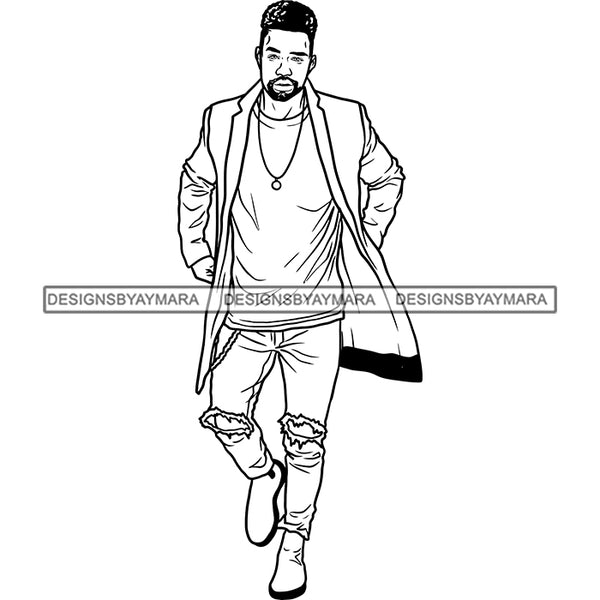 Handsome Sexy Afro Man Necklace Coat Jeans Holes Fashion Style B/W SVG JPG PNG Vector Clipart Cricut Silhouette Cut Cutting