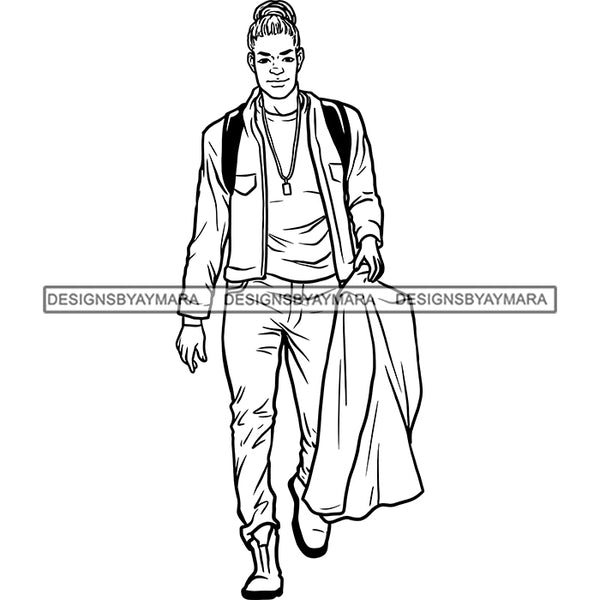 Handsome Sexy Afro Man Bun Dreadlocks Hairstyle Carrying Jacket Fashion Style B/W SVG JPG PNG Vector Clipart Cricut Silhouette Cut Cutting