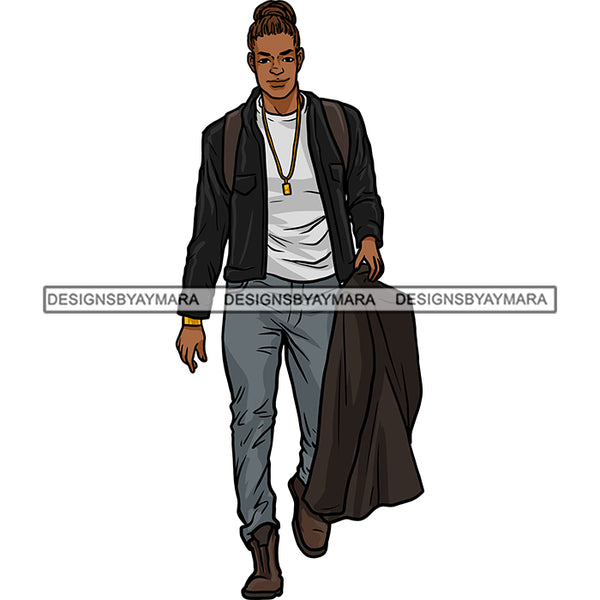 Handsome Sexy Afro Man Bun Dreadlocks Hairstyle Carrying Jacket Fashion Style SVG JPG PNG Vector Clipart Cricut Silhouette Cut Cutting