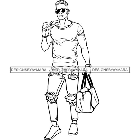 Handsome Sexy Afro Man Sunglasses Gym Bag Carrying Jacket Over Shoulder Style B/W SVG JPG PNG Vector Clipart Cricut Silhouette Cut Cutting