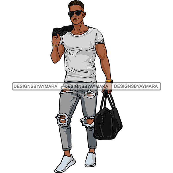 Handsome Sexy Afro Man Sunglasses Gym Bag Carrying Jacket Over Shoulder Style SVG JPG PNG Vector Clipart Cricut Silhouette Cut Cutting