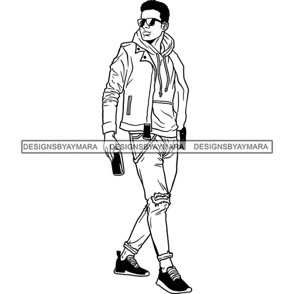 Handsome Sexy Afro Man Holding Soda Can Sunglasses Hoodie Jacket Fashion Style B/W SVG JPG PNG Vector Clipart Cricut Silhouette Cut Cutting