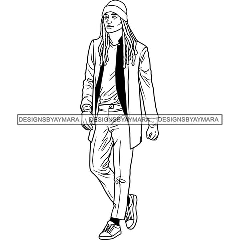 Handsome Sexy Afro Man Beanie Dreadlocks Hairstyle Sneakers Gloves Fashion Style B/W SVG JPG PNG Vector Clipart Cricut Silhouette Cut Cutting