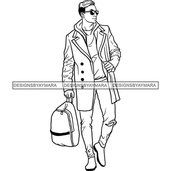 Handsome Sexy Afro Man Backpack Sunglasses Coat Trendy Fashion Style B/W SVG JPG PNG Vector Clipart Cricut Silhouette Cut Cutting