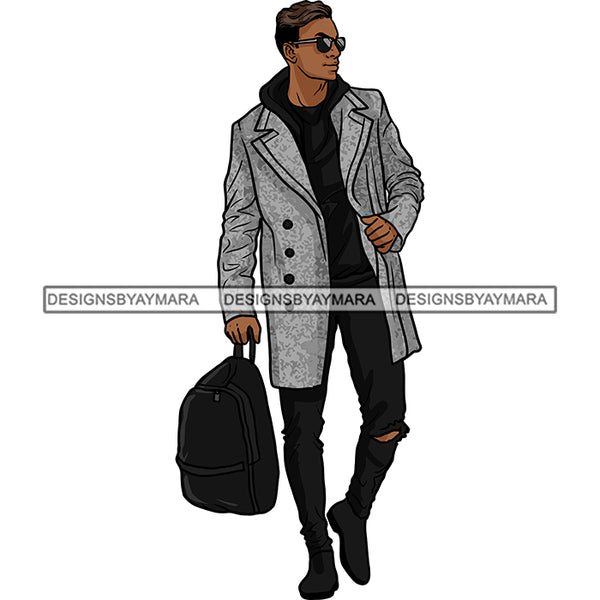 Handsome Sexy Afro Man Backpack Sunglasses Coat Trendy Fashion Style SVG JPG PNG Vector Clipart Cricut Silhouette Cut Cutting