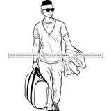 Handsome Afro Man Sunglasses Sneakers Holding Jacket Gym Bag Fashion Style B/W SVG JPG PNG Vector Clipart Cricut Silhouette Cut Cutting