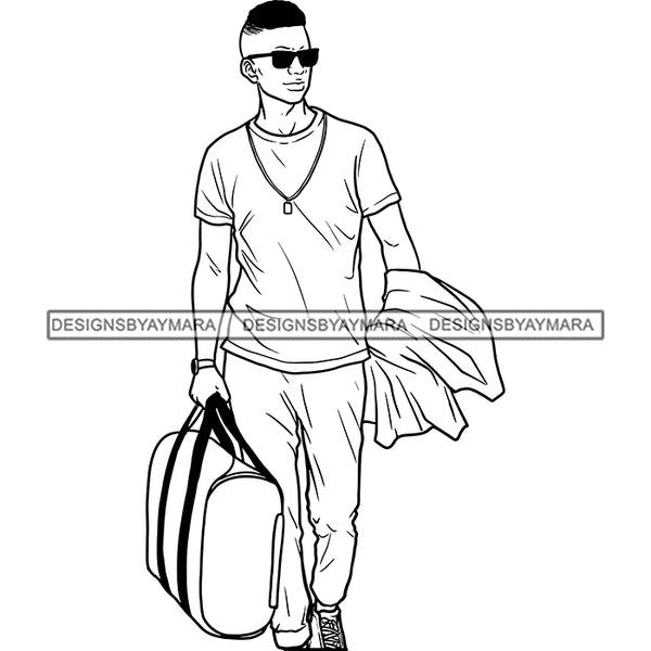 Handsome Afro Man Sunglasses Sneakers Holding Jacket Gym Bag Fashion Style B/W SVG JPG PNG Vector Clipart Cricut Silhouette Cut Cutting