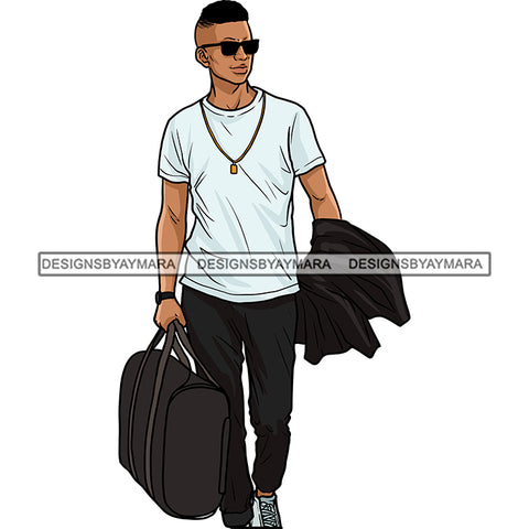 Handsome Afro Man Sunglasses Sneakers Holding Jacket Gym Bag Fashion Style SVG JPG PNG Vector Clipart Cricut Silhouette Cut Cutting