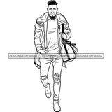 Handsome Sexy Afro Man Jacket Jeans Gym Bag Fashion Style Illustration B/W SVG JPG PNG Vector Clipart Cricut Silhouette Cut Cutting