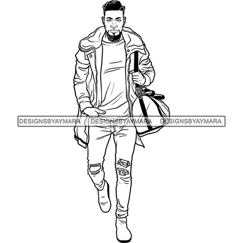 Handsome Sexy Afro Man Jacket Jeans Gym Bag Fashion Style Illustration B/W SVG JPG PNG Vector Clipart Cricut Silhouette Cut Cutting