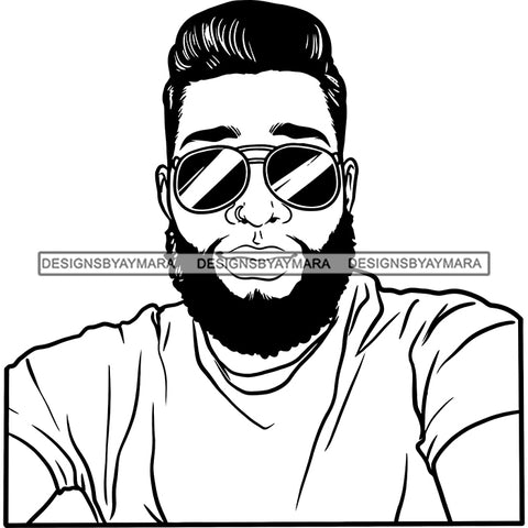 Afro Man Portrait Attractive Sunglasses Bearded High Top Fade Hairstyle Illustration B/W SVG JPG PNG Vector Clipart Cricut Silhouette Cut Cutting