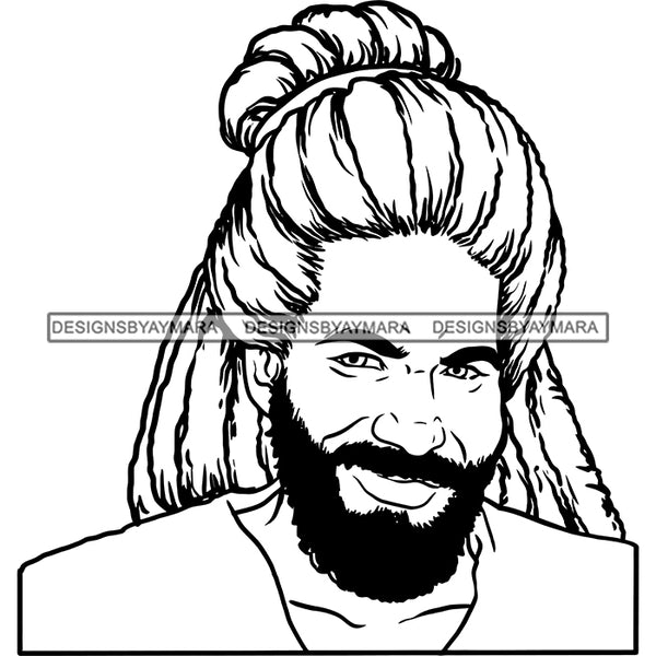 Afro Man Portrait Handsome Smiling Bearded Dreads Hairstyle B/W SVG JPG PNG Vector Clipart Cricut Silhouette Cut Cutting