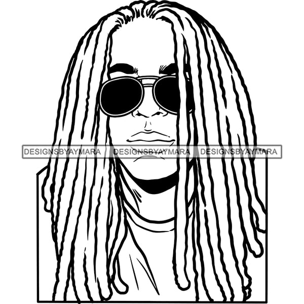 Afro Man Portrait Handsome Guy Sunglasses Dreadlocks Hairstyle B/W SVG JPG PNG Vector Clipart Cricut Silhouette Cut Cutting