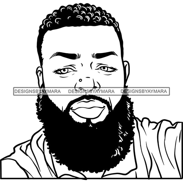 Afro Man Portrait Handsome Nose Ring Bearded Curly Hairstyle Illustration B/W SVG JPG PNG Vector Clipart Cricut Silhouette Cut Cutting