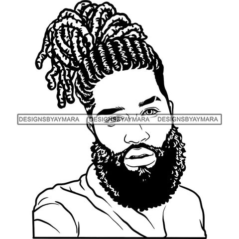 Afro Man Portrait Handsome Guy Bearded Cornrows Locs Hairstyle Illustration B/W SVG JPG PNG Vector Clipart Cricut Silhouette Cut Cutting