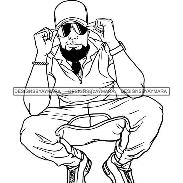 Afro Man Attractive Crouching Sunglasses Baseball Hat Joggers Fashion Style B/W SVG JPG PNG Vector Clipart Cricut Silhouette Cut Cutting