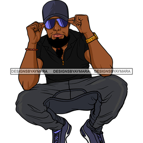 Afro Man Attractive Crouching Sunglasses Baseball Hat Joggers Fashion Style SVG JPG PNG Vector Clipart Cricut Silhouette Cut Cutting