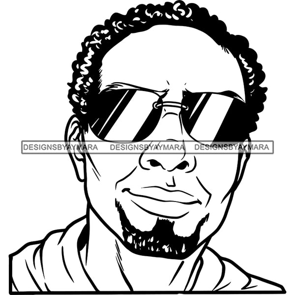Afro Man Portrait Attractive Sunglasses Goatee Beard Receding Hair Illustration B/W SVG JPG PNG Vector Clipart Cricut Silhouette Cut Cutting