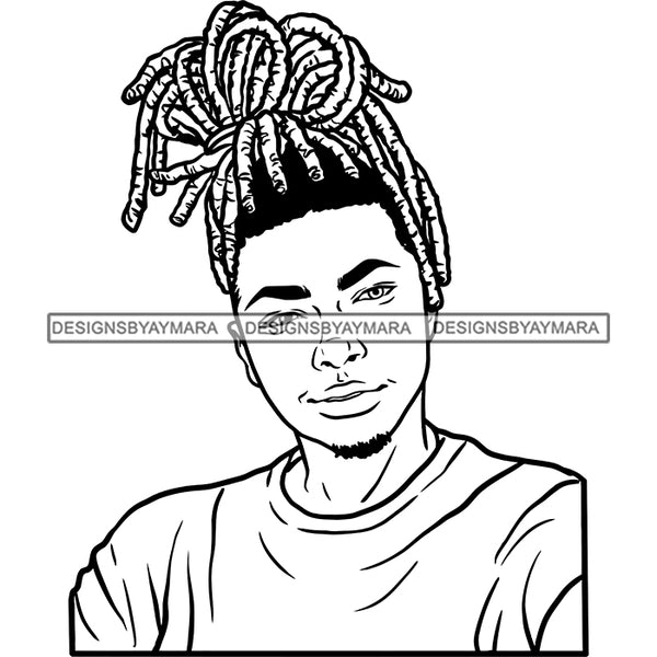 Afro Young Man Portrait Attractive Beard Updo Dreadlocks Hairstyle Illustration B/W SVG JPG PNG Vector Clipart Cricut Silhouette Cut Cutting