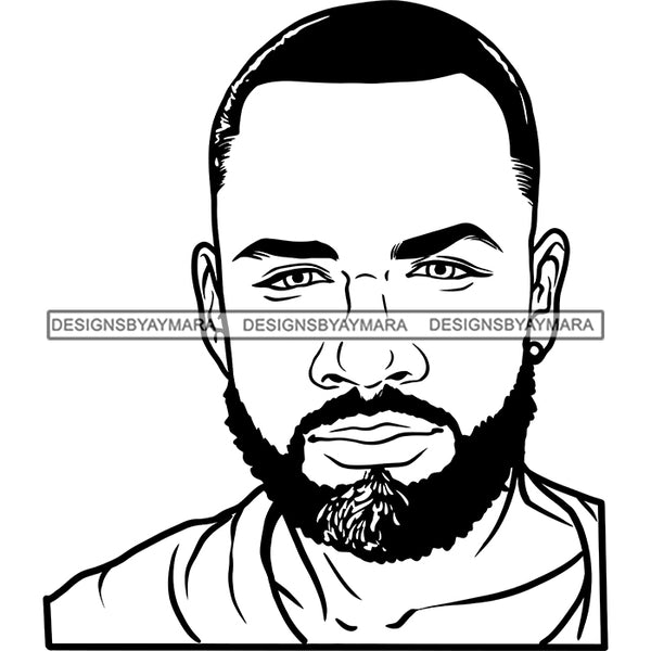 Afro Man Portrait Attractive Confident Earring Bearded Short Haircut Illustration B/W SVG JPG PNG Vector Clipart Cricut Silhouette Cut Cutting