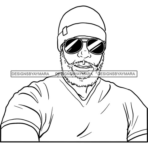 Afro Man Portrait Attractive Sunglasses Beard Beanie Short Sleeve T-Shirt Fashion Style B/W SVG JPG PNG Vector Clipart Cricut Silhouette Cut Cutting