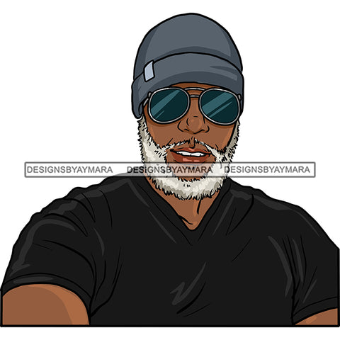 Afro Man Portrait Attractive Sunglasses White Beard Beanie Short Sleeve T-Shirt Illustration SVG JPG PNG Vector Clipart Cricut Silhouette Cut Cutting