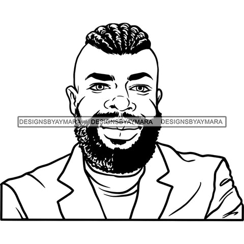 Afro Man Portrait Attractive Bearded Mohawk Suit Jacket Fashion Style B/W SVG JPG PNG Vector Clipart Cricut Silhouette Cut Cutting